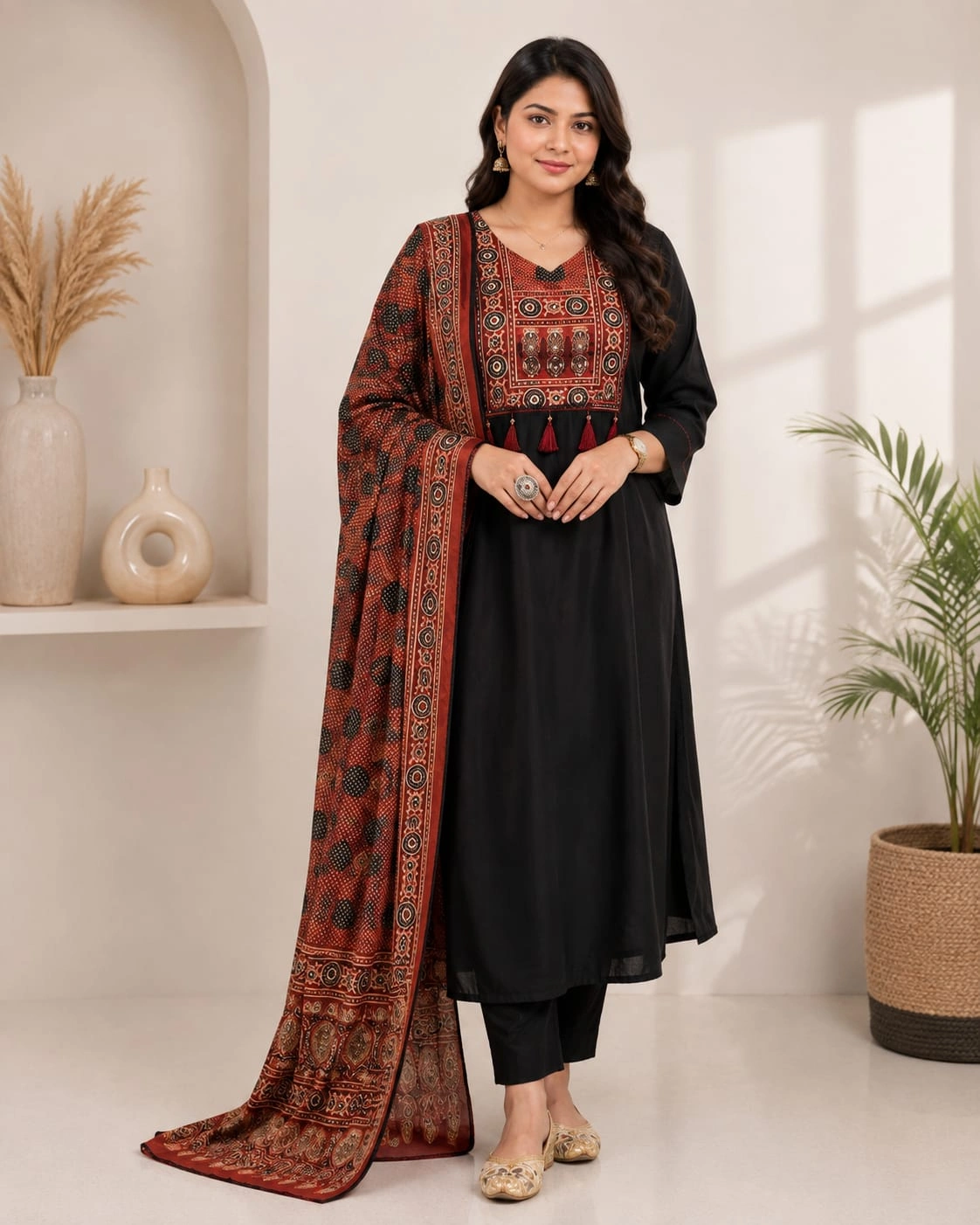 Black Pure Cotton Kurti Set with Maroon Printed Dupatta - View 2