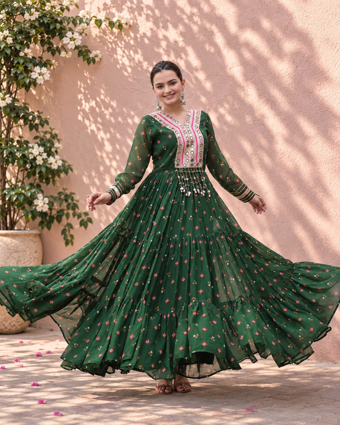 Dark Green Georgette Navratri Gown with V-Neck Mirror Work