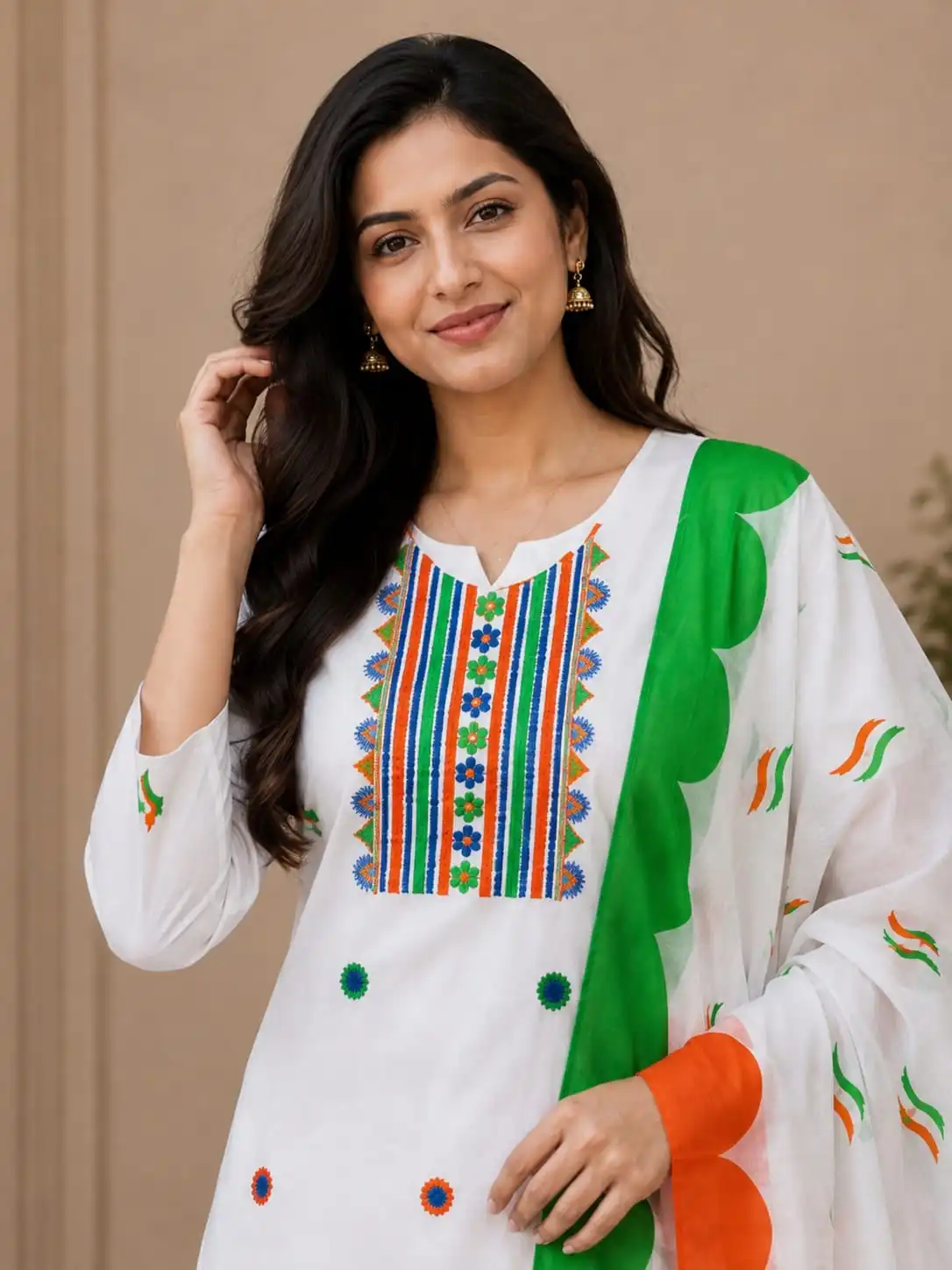 Fancy Tiranga Cotton Kurta Set & Dupatta - View 2