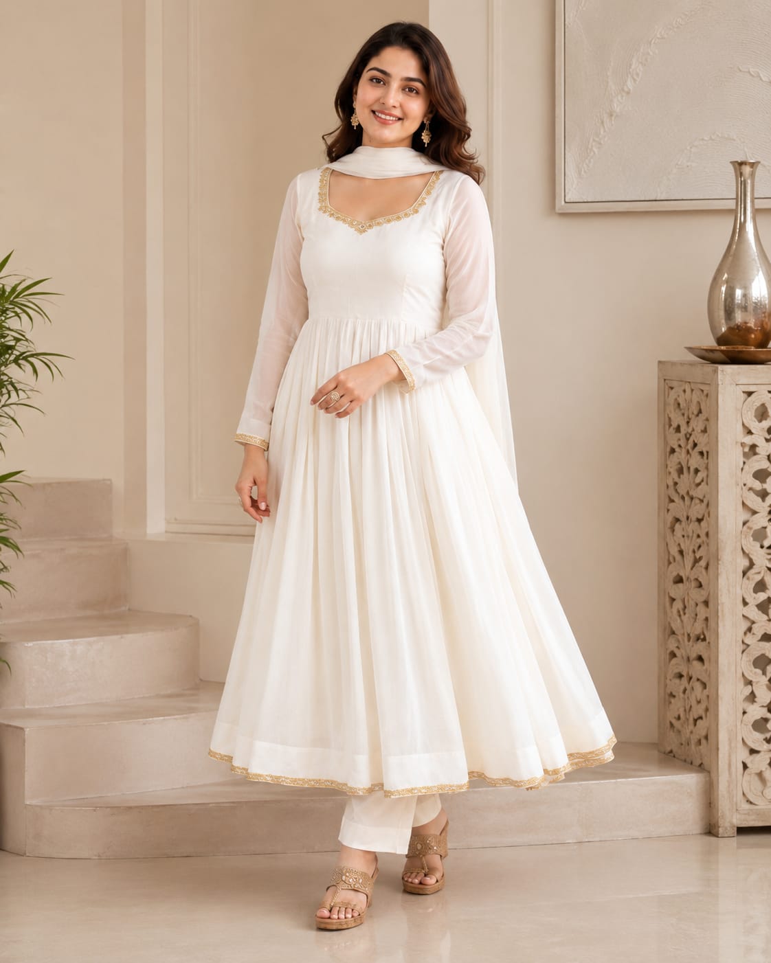 White Pure Mal Chanderi Anarkali Suit Set