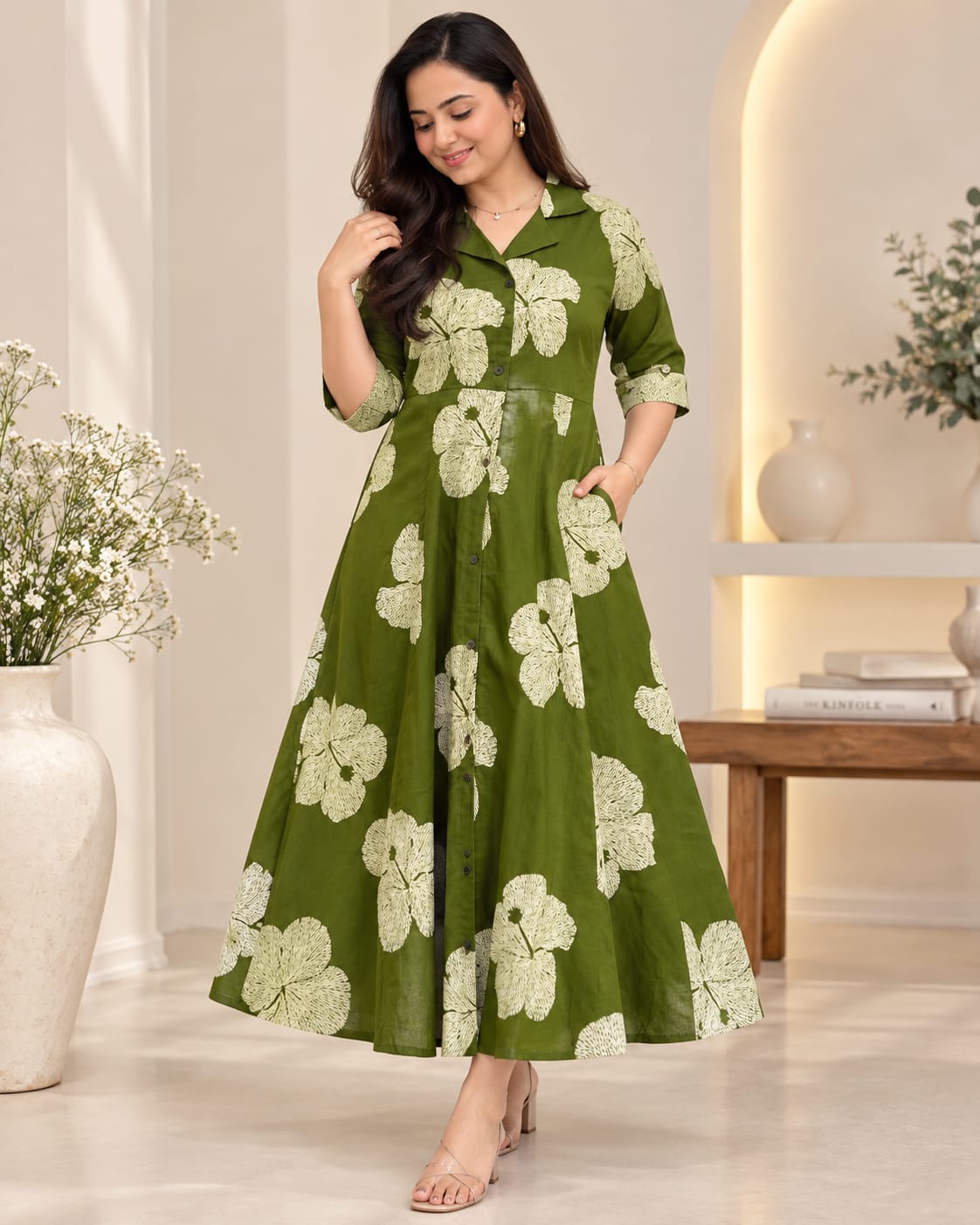 Green Floral Printed Cotton Midi Dress