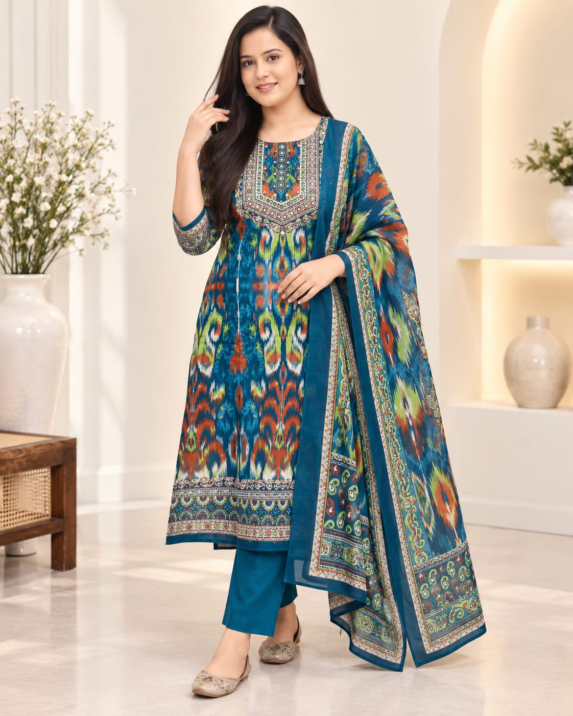 Blue Kanchi Cotton Printed Suit Set with Jacquard Dupatta