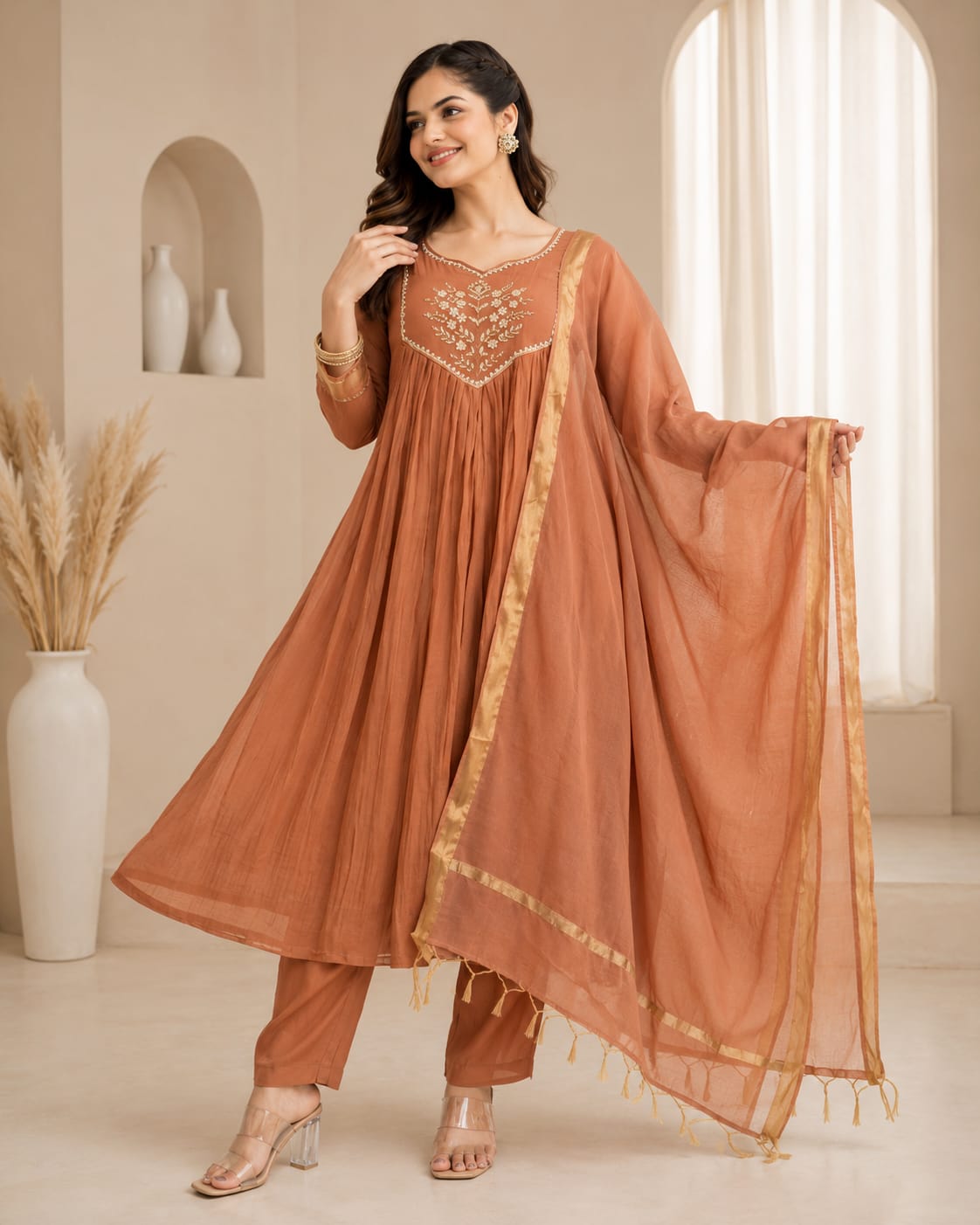 Cotton Anarkali Suit Set And Chanderi Dupatta
