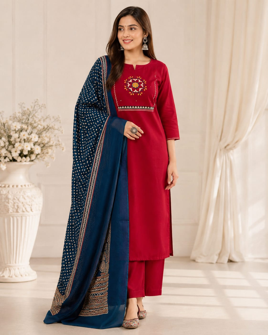 Red Pure Cotton Kurti Set with Printed Dupatta - View 2