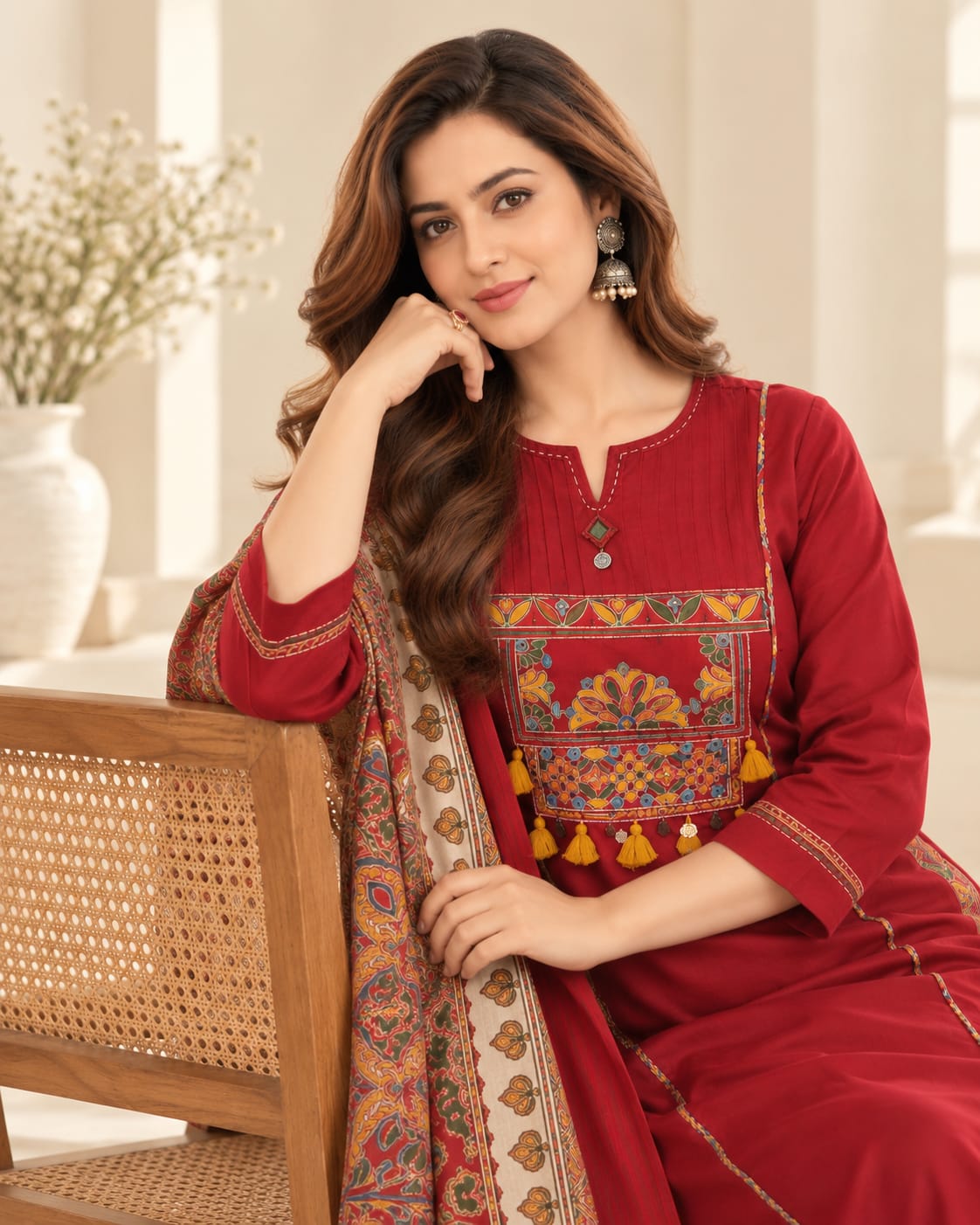 3-Piece Premium Cotton Embroidered Kurti Suit Set with Dupatta - View 2