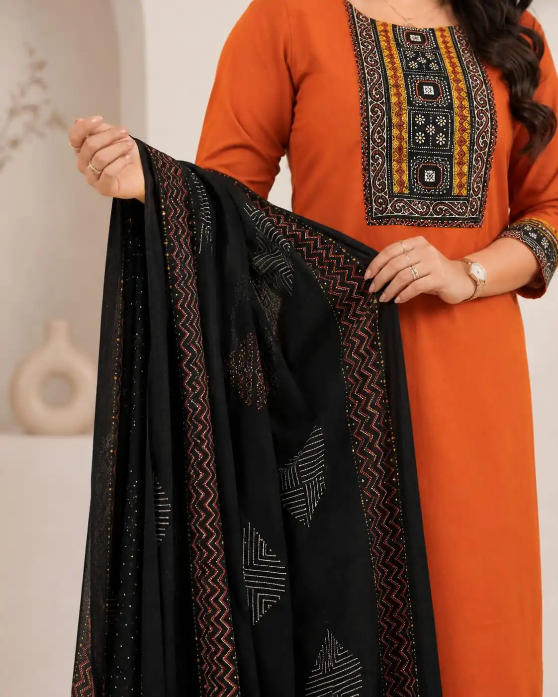 3-Piece Orange Pure Cotton Kurti Set with Black Dupatta - View 2