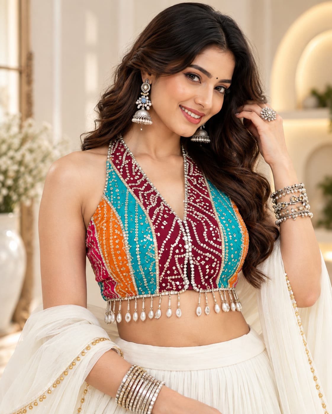 White Navratri Special Lehenga Choli with Bandhani Print Blouse - View 2
