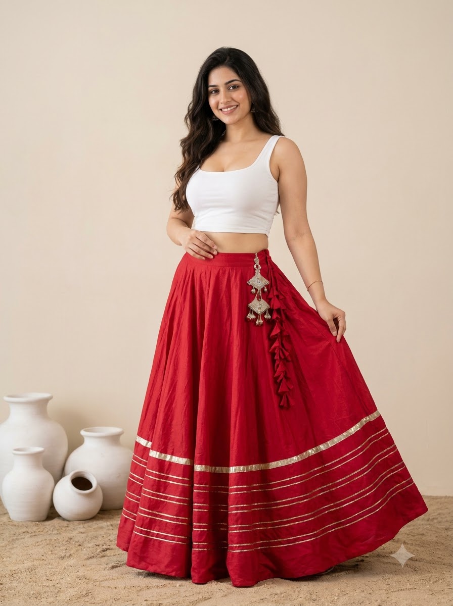 Red Rayon Cotton Heavy Lace Chaniya (Only Skirt)