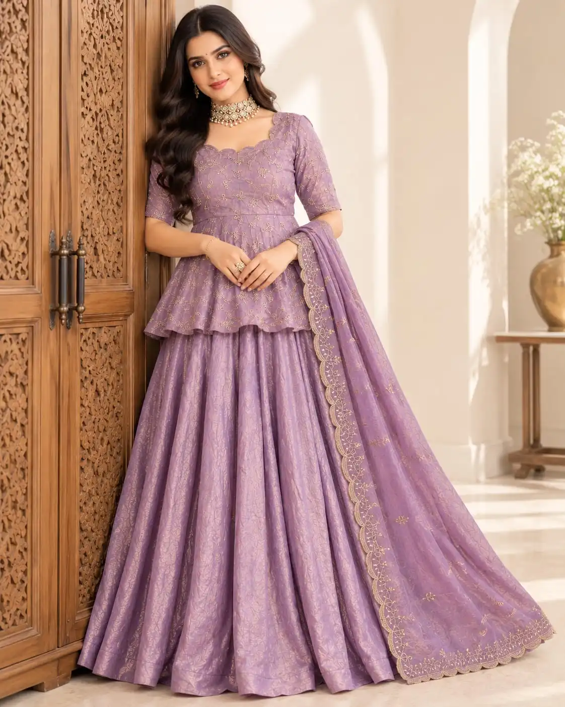Purple Peplum Lehenga Set with Dupatta for Women
