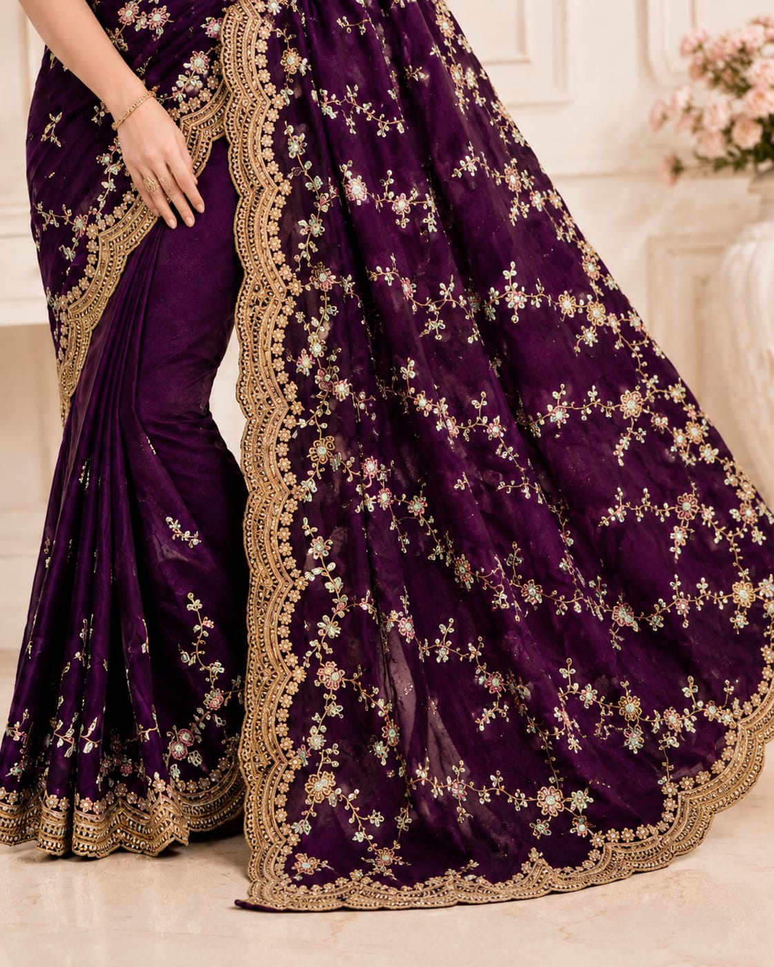 Designer Fandy Silk Saree with Embroidery & Stitched Blouse - View 3