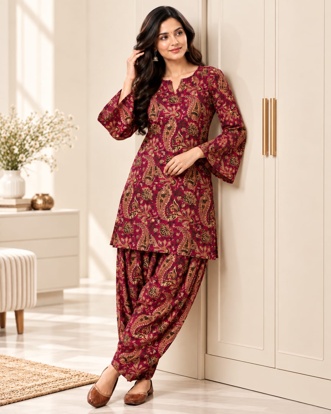 Maroon Paisley Print Cotton Stitched Farsi Salwar Suit - View 3