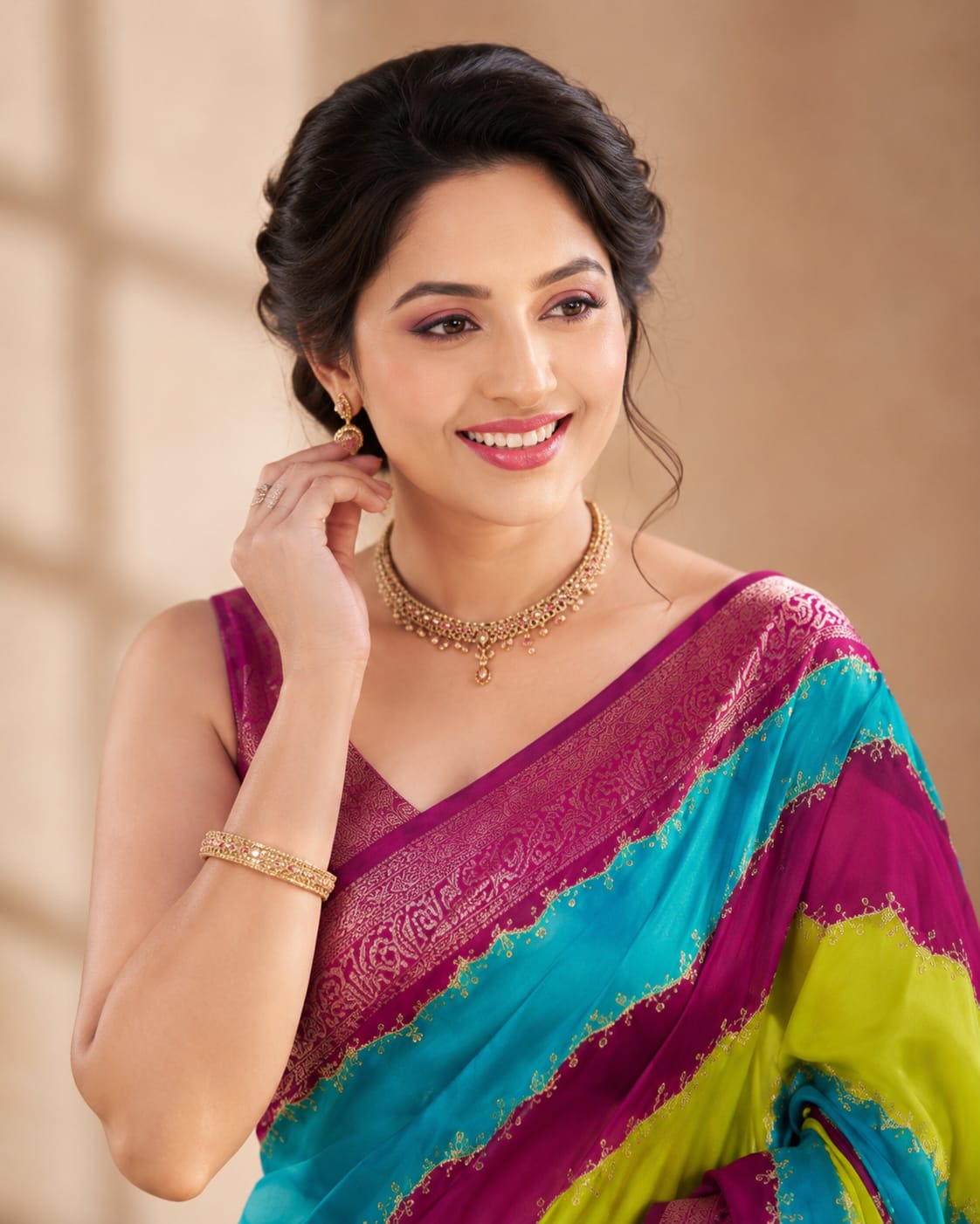 Chiffon Saree with Banarasi Border & Lahariya Foil Print - View 2