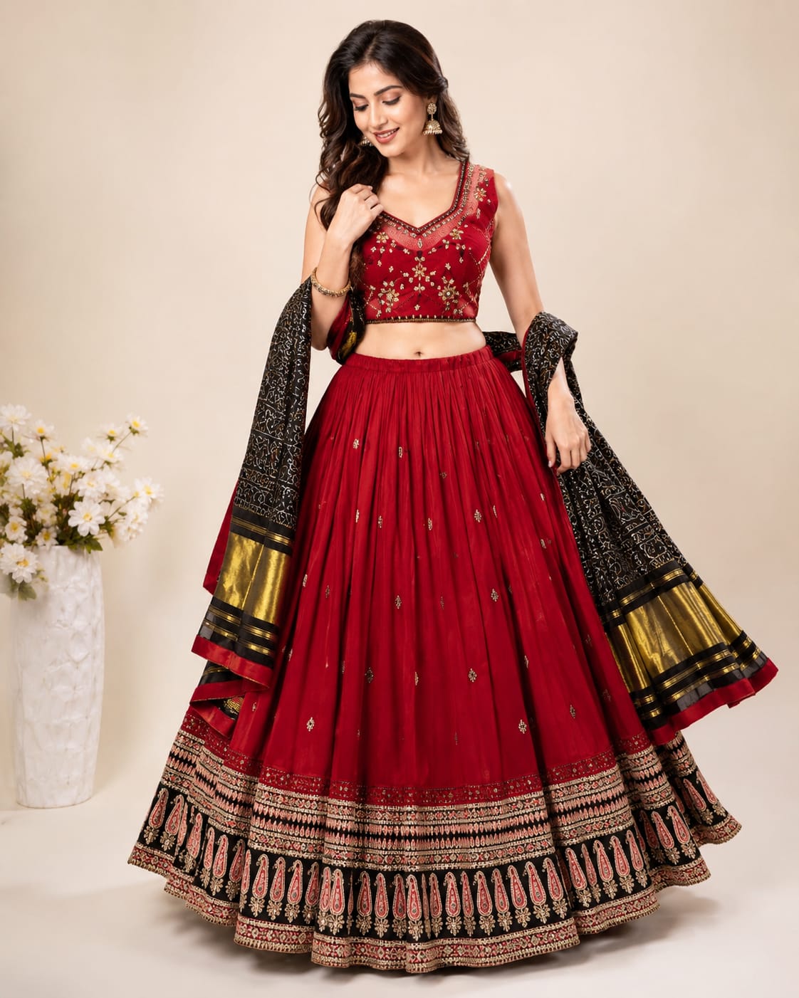 Red Pure Cotton Chaniya Choli with Ajrakh Border Skirt