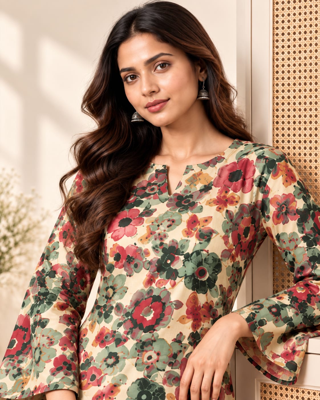 Beige Multi Floral Cotton Stitched Farsi Salwar Suit - View 3
