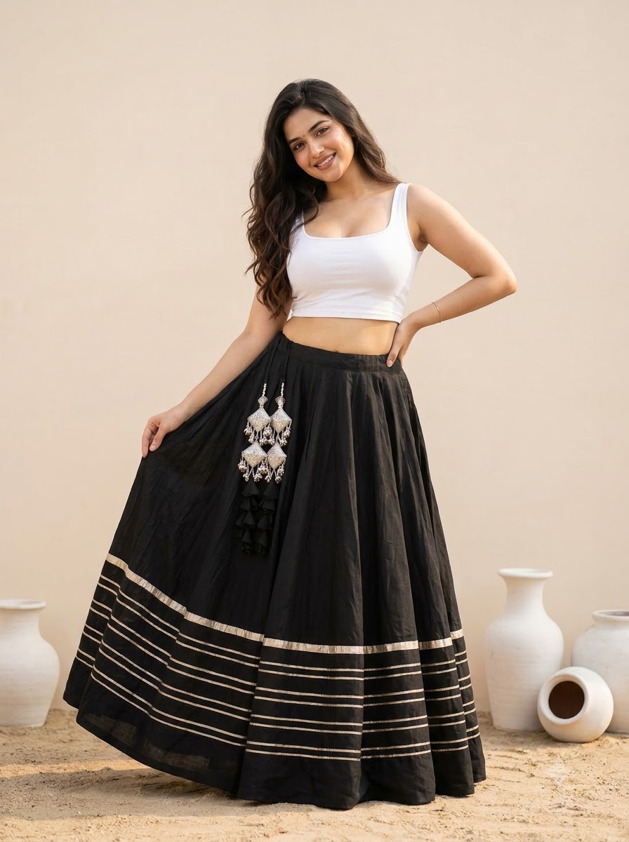Black Rayon Cotton Heavy Lace Chaniya (Only Skirt) - View 2