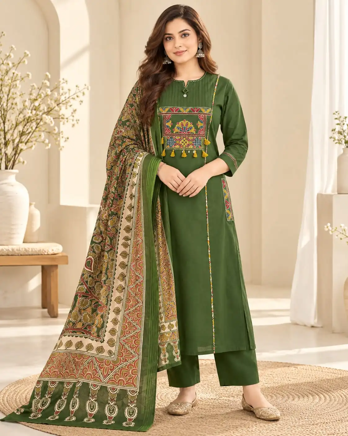 Green Cotton Embroidered Kurta Set with Digital Muslin Dupatta
