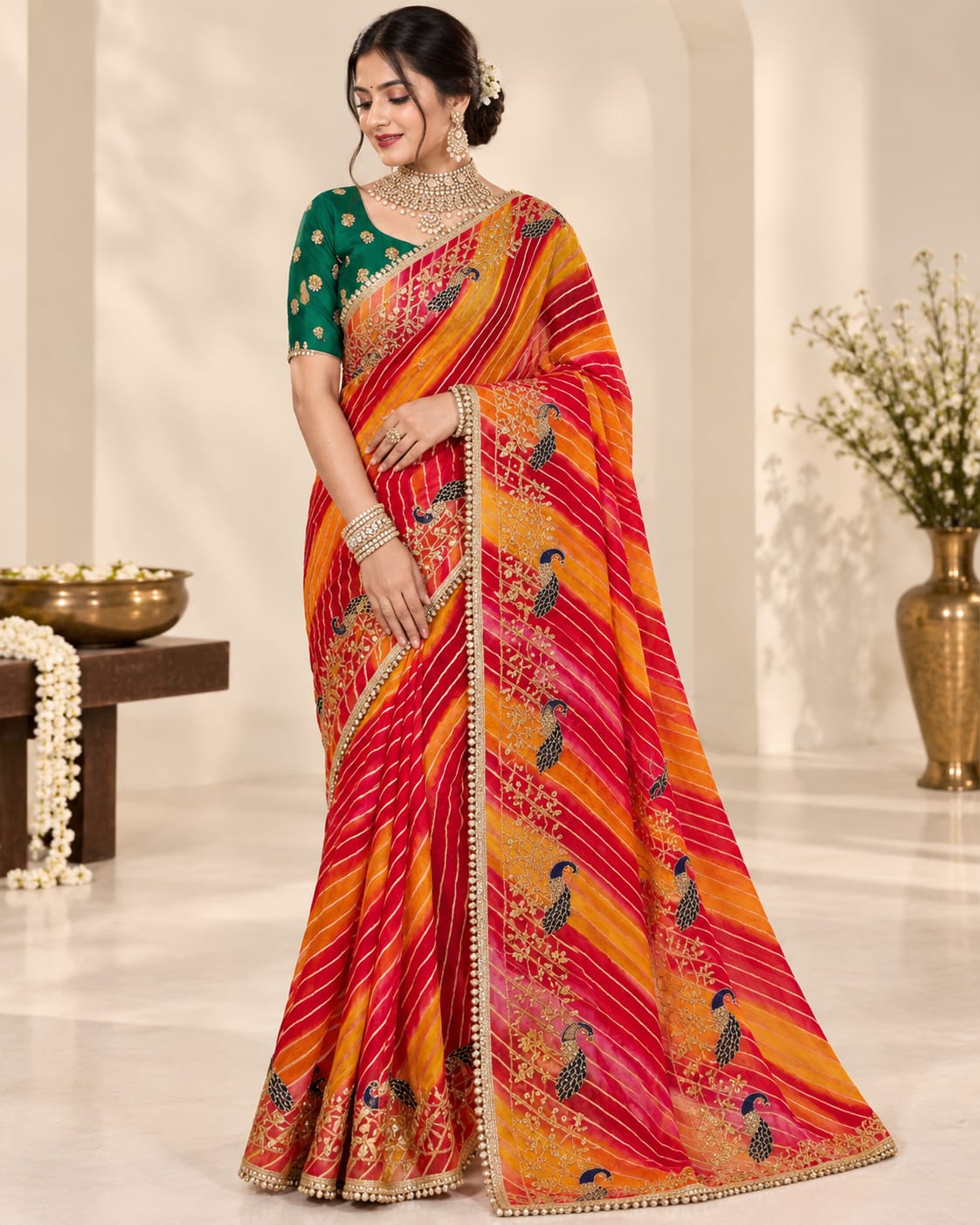 Red & Orange Leheriya Georgette Saree with Peacock Motifs | No Blouse - View 4