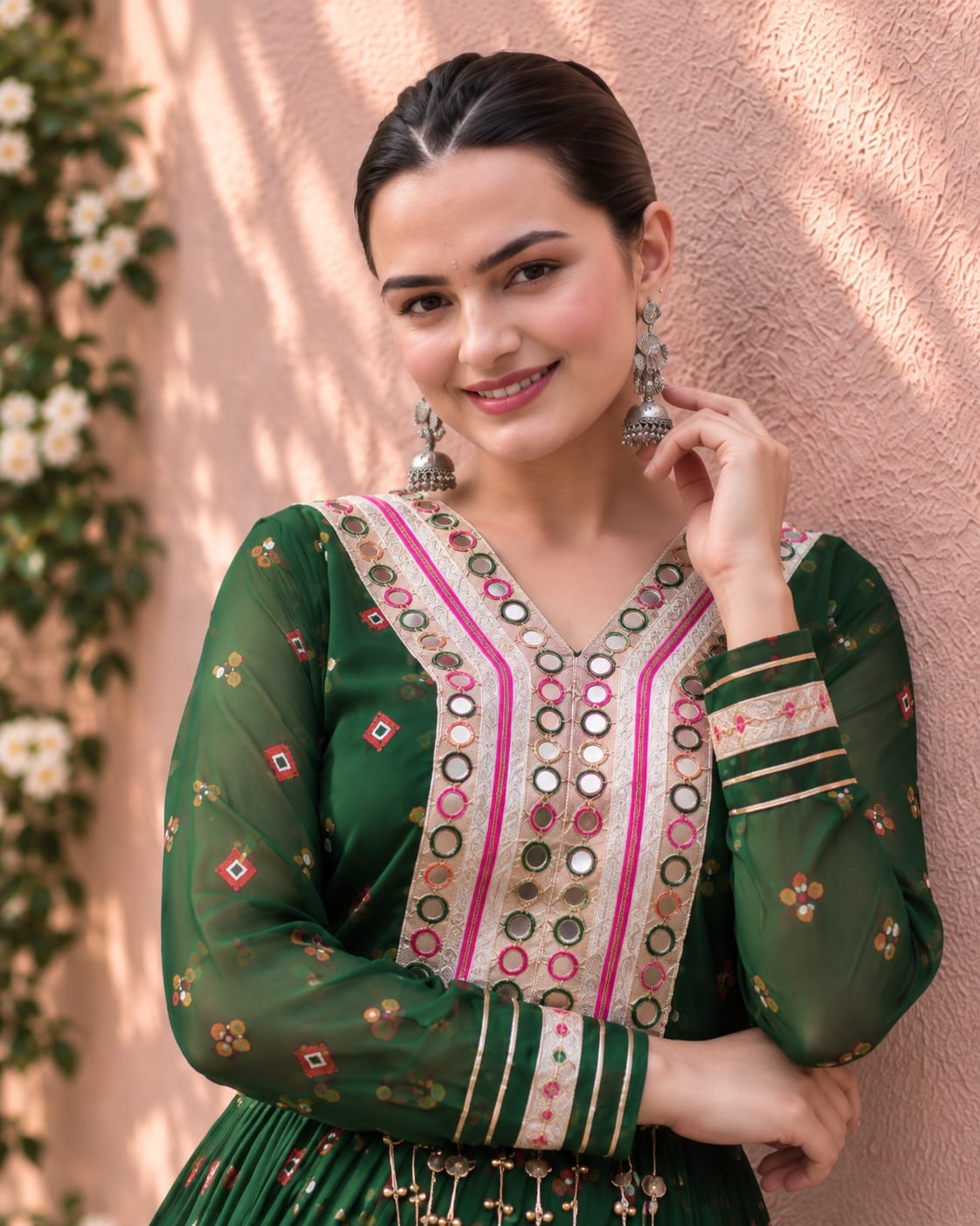 Dark Green Georgette Navratri Gown with V-Neck Mirror Work - View 3