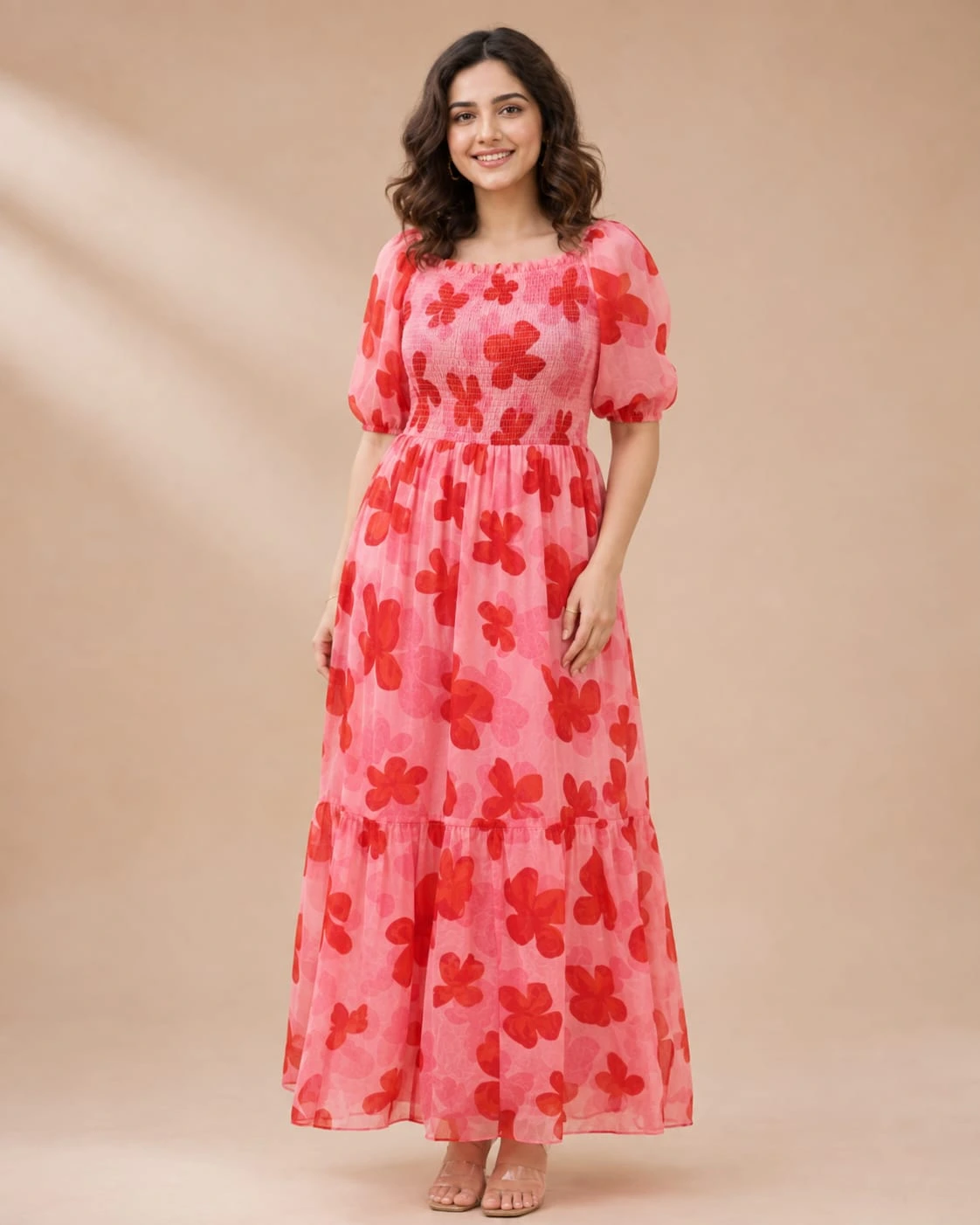 Printed Chiffon-Cotton Blend Stitched Anarkali Gown (Red)