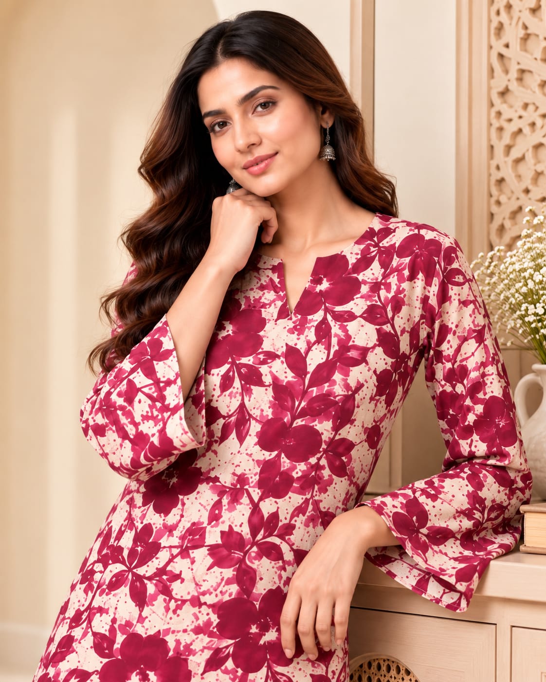 Maroon & Beige Floral Print Cotton Stitched Farsi Salwar Suit - View 2