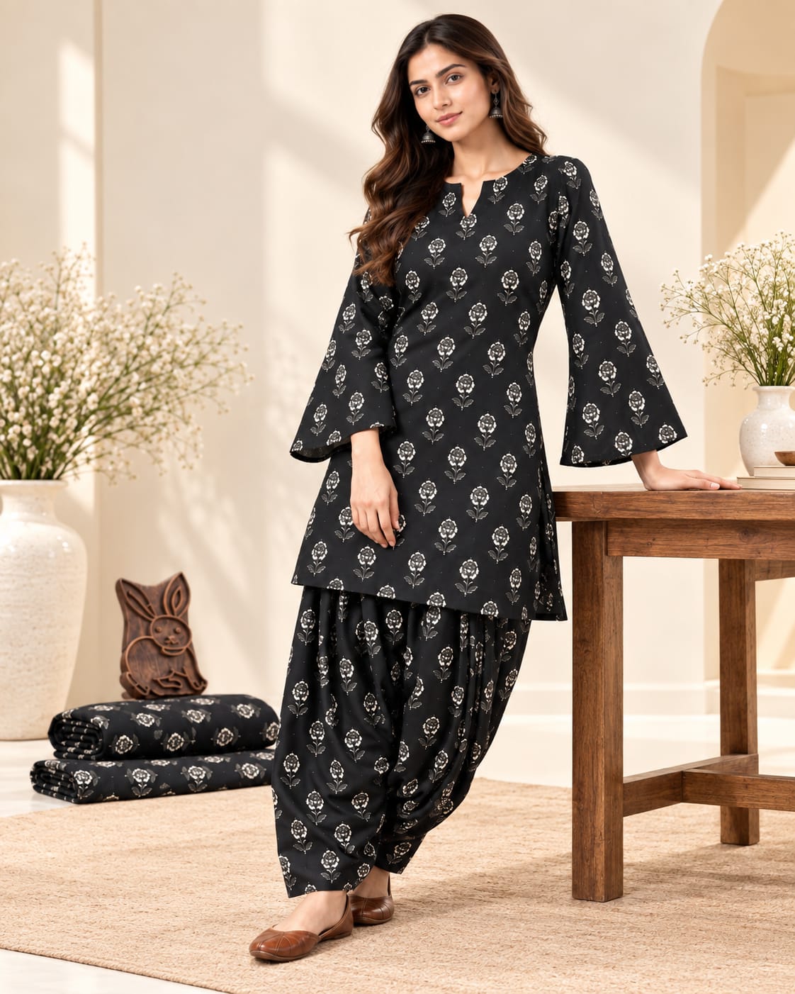 Black Floral Print Cotton Stitched Farsi Salwar Suit - View 2
