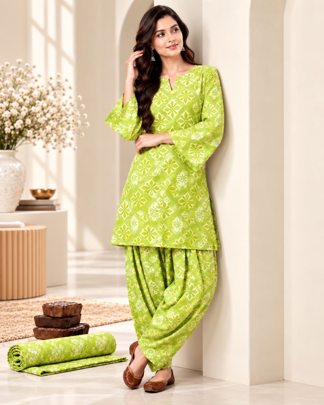 Green Cotton Leheriya Printed Stitched Farsi Salwar Suit Set - View 3