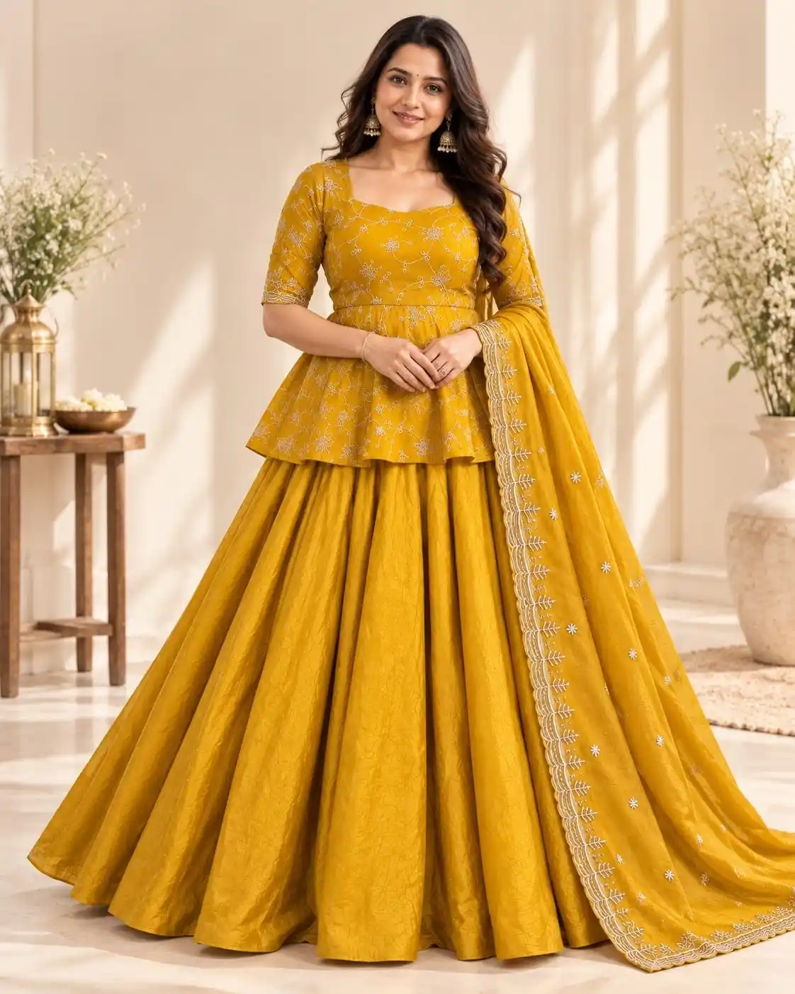 Mustard Yellow Peplum Lehenga Set with Dupatta - View 3