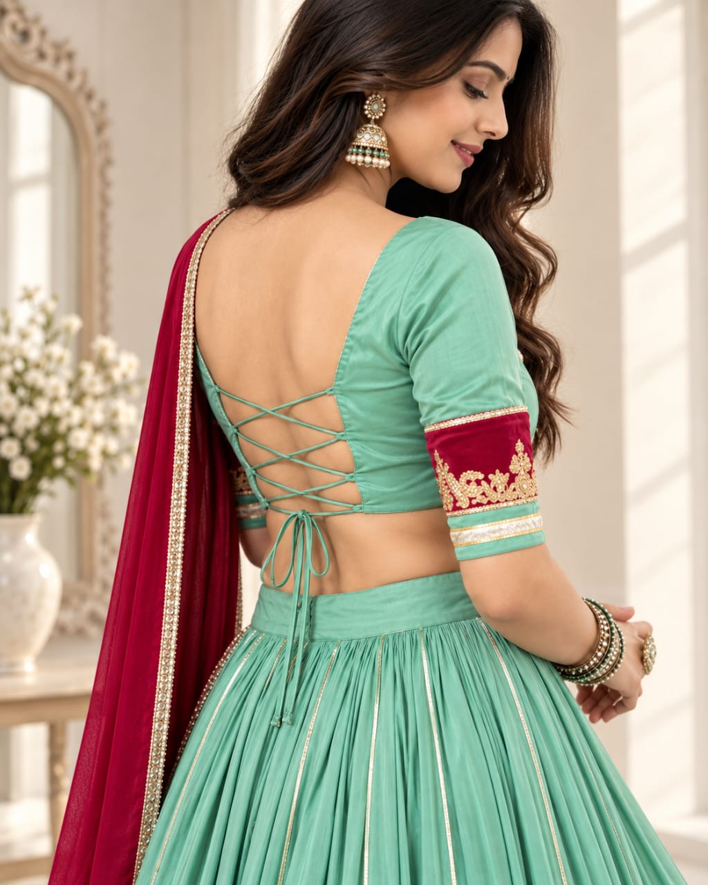 Mint Green and Maroon Navratri Special Rayon Lehenga Choli Set - View 4