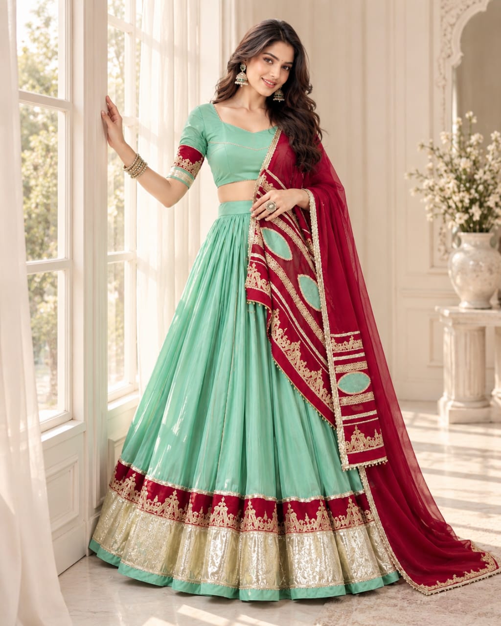 Mint Green and Maroon Navratri Special Rayon Lehenga Choli Set - View 1