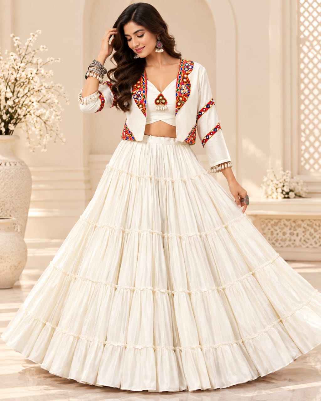 Off-White Pure Rayon Rajudi Lehenga Choli Set - View 2