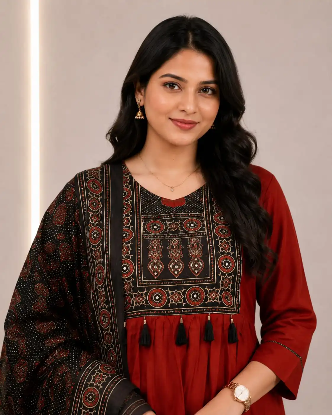 3 Piece Maroon Cotton Kurti Set with Black Printed Dupatta - View 3