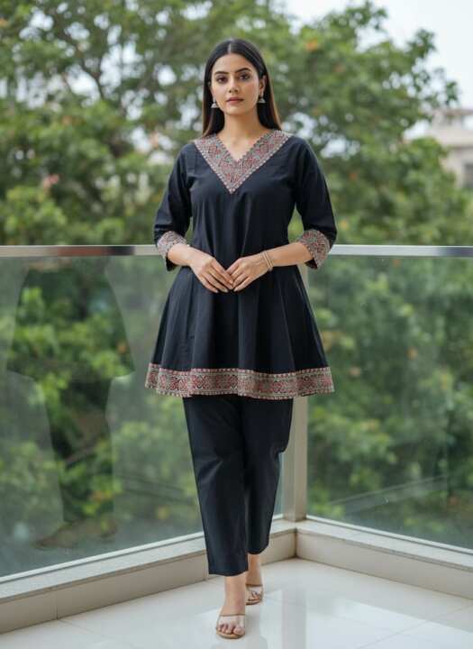 Plain Black Cord-Set With Ajrakh Border - View 3