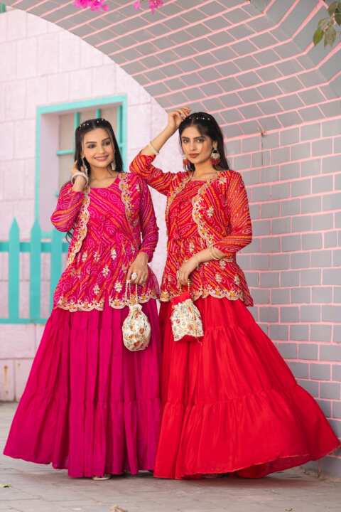 karwachauth  special Bandhej Lehenga crop top & jacket - View 5