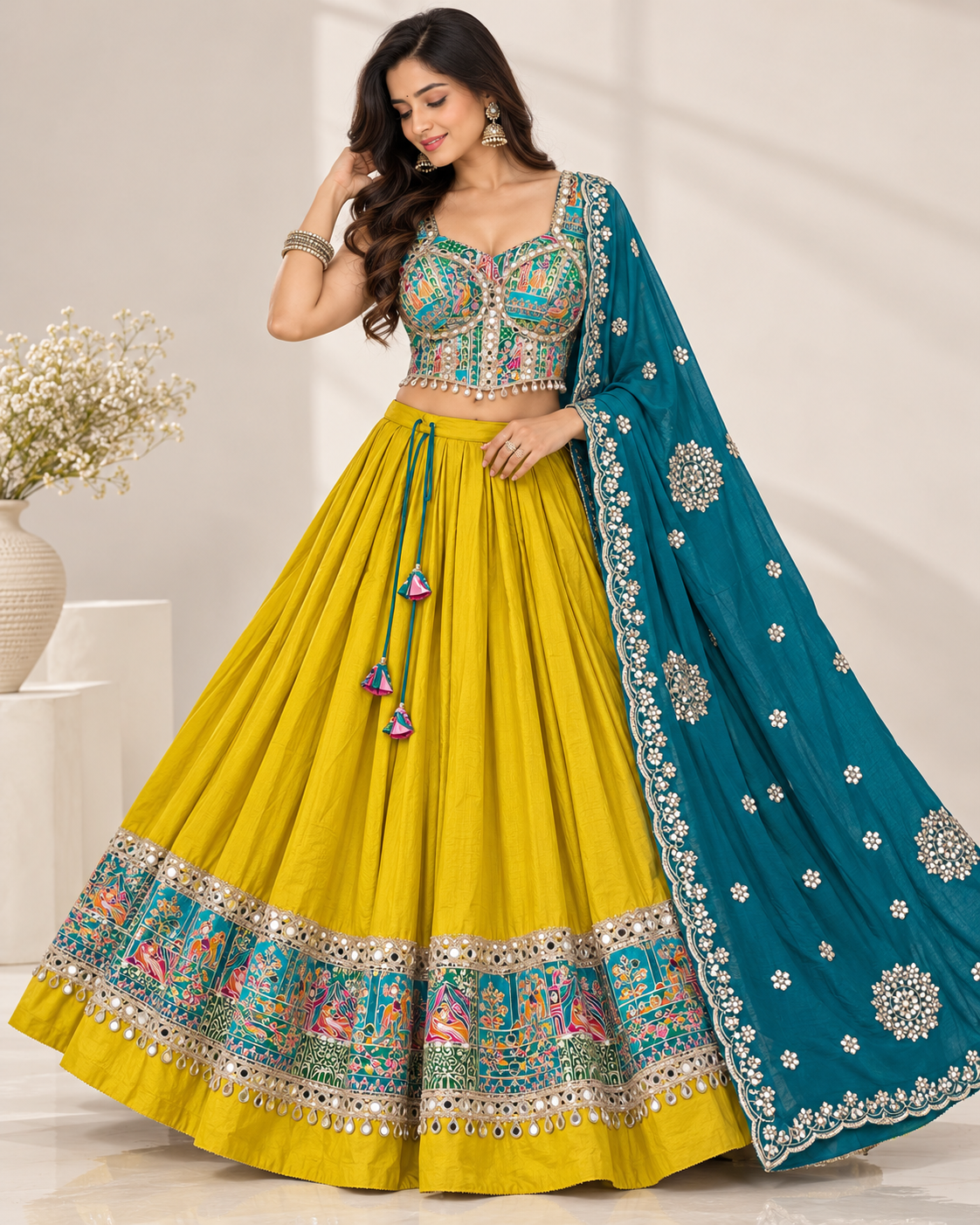 Mustard & Teal Heavy Roman Cotton  Lehenga Choli Set - View 3
