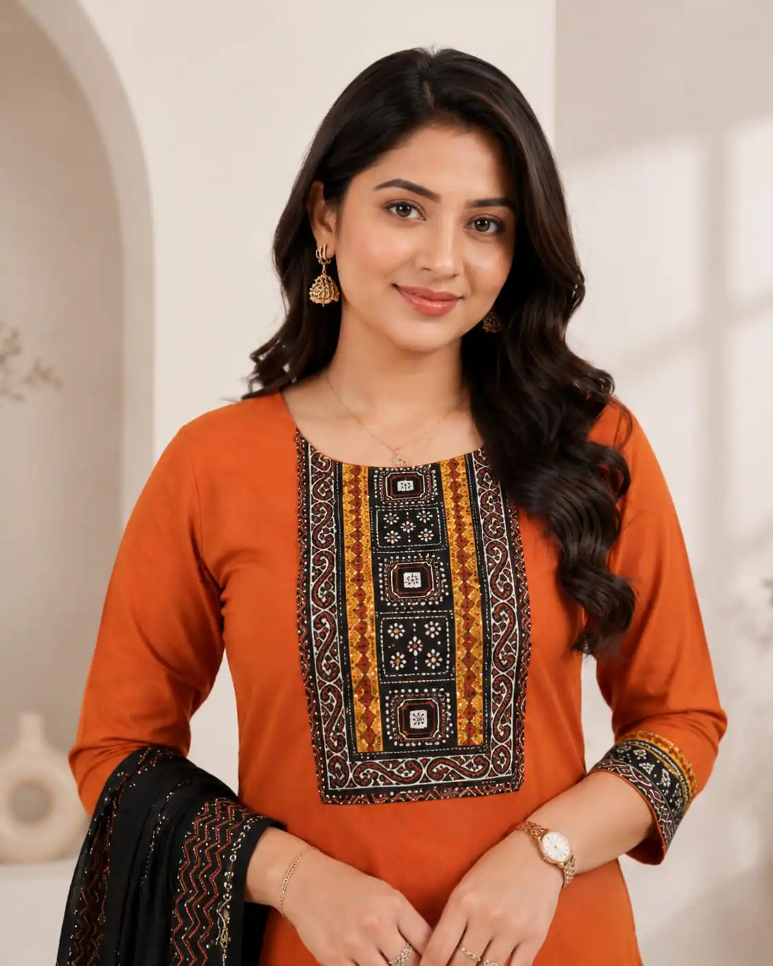 3-Piece Orange Pure Cotton Kurti Set with Black Dupatta - View 3