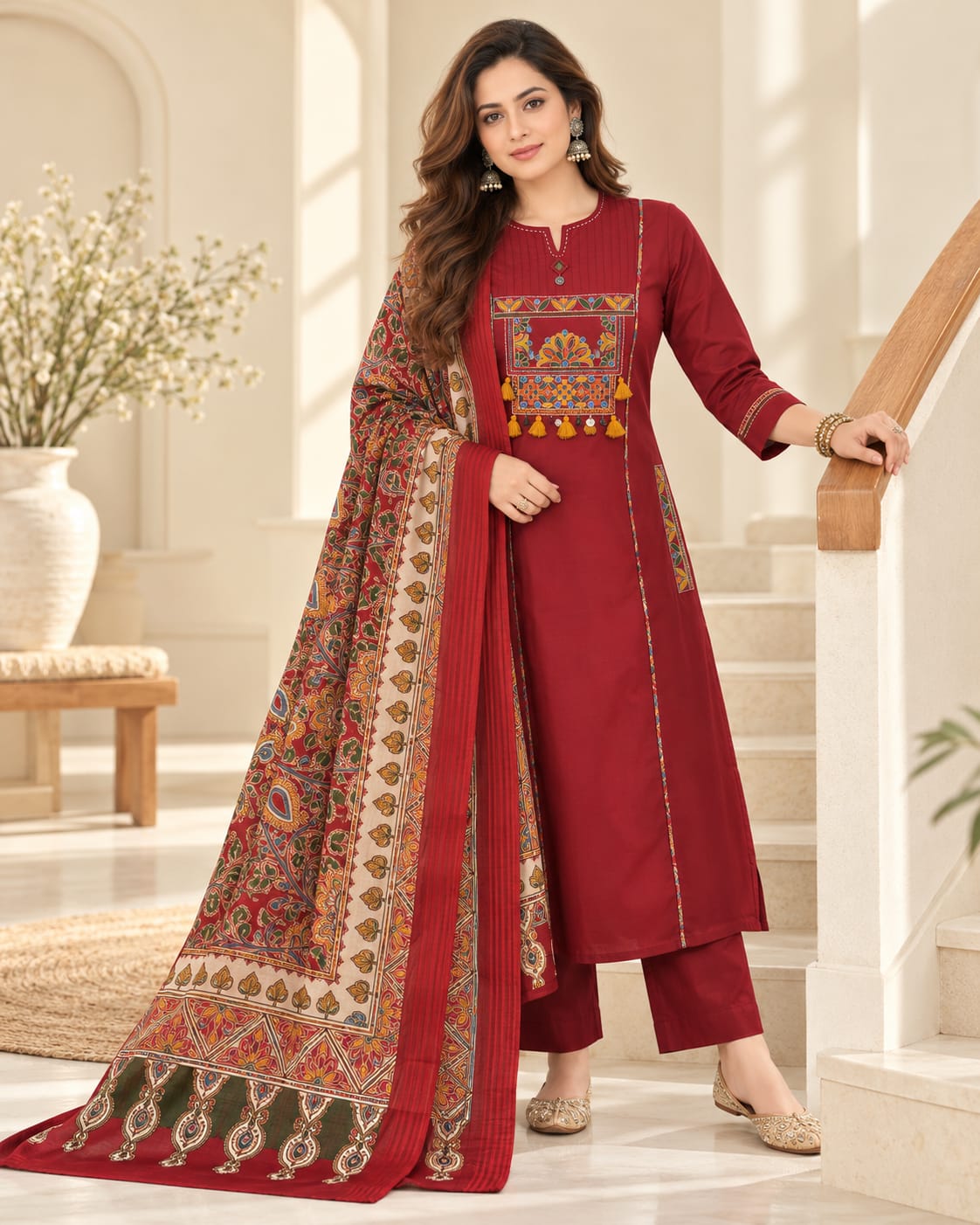 3-Piece Premium Cotton Embroidered Kurti Suit Set with Dupatta