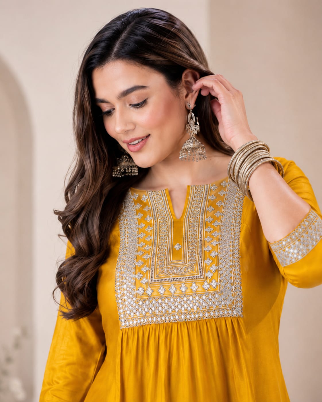 Yellow Rayon Top with Sequence Work - View 2