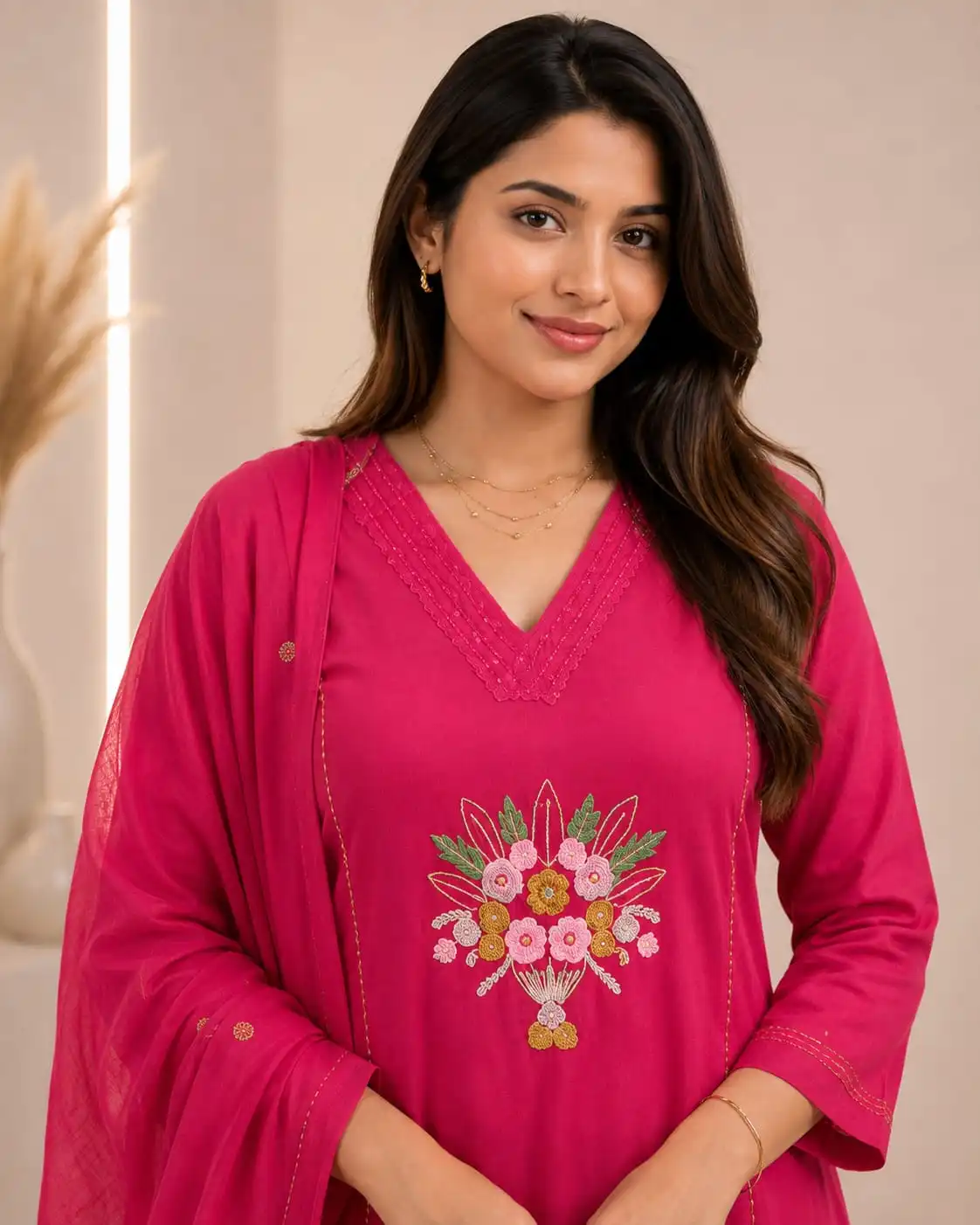 3-Piece Pink Pure Cotton Kurti Set with Matching Dupatta