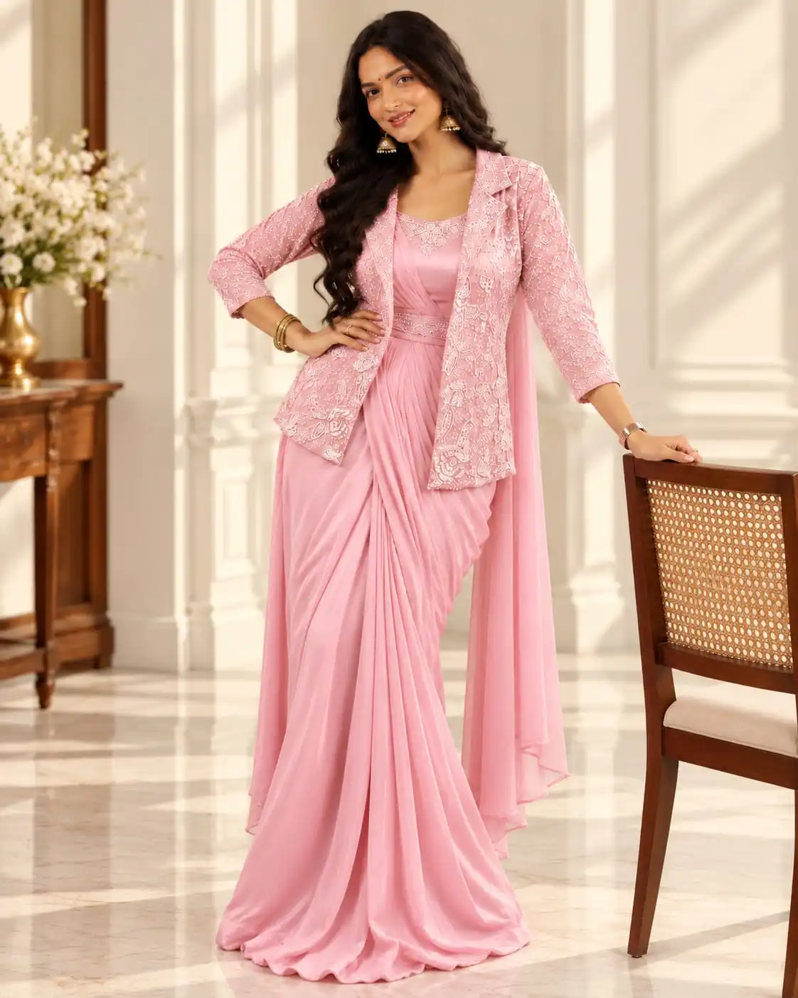Pink Chinon Ready to Wear Saree | Sequin Jacket