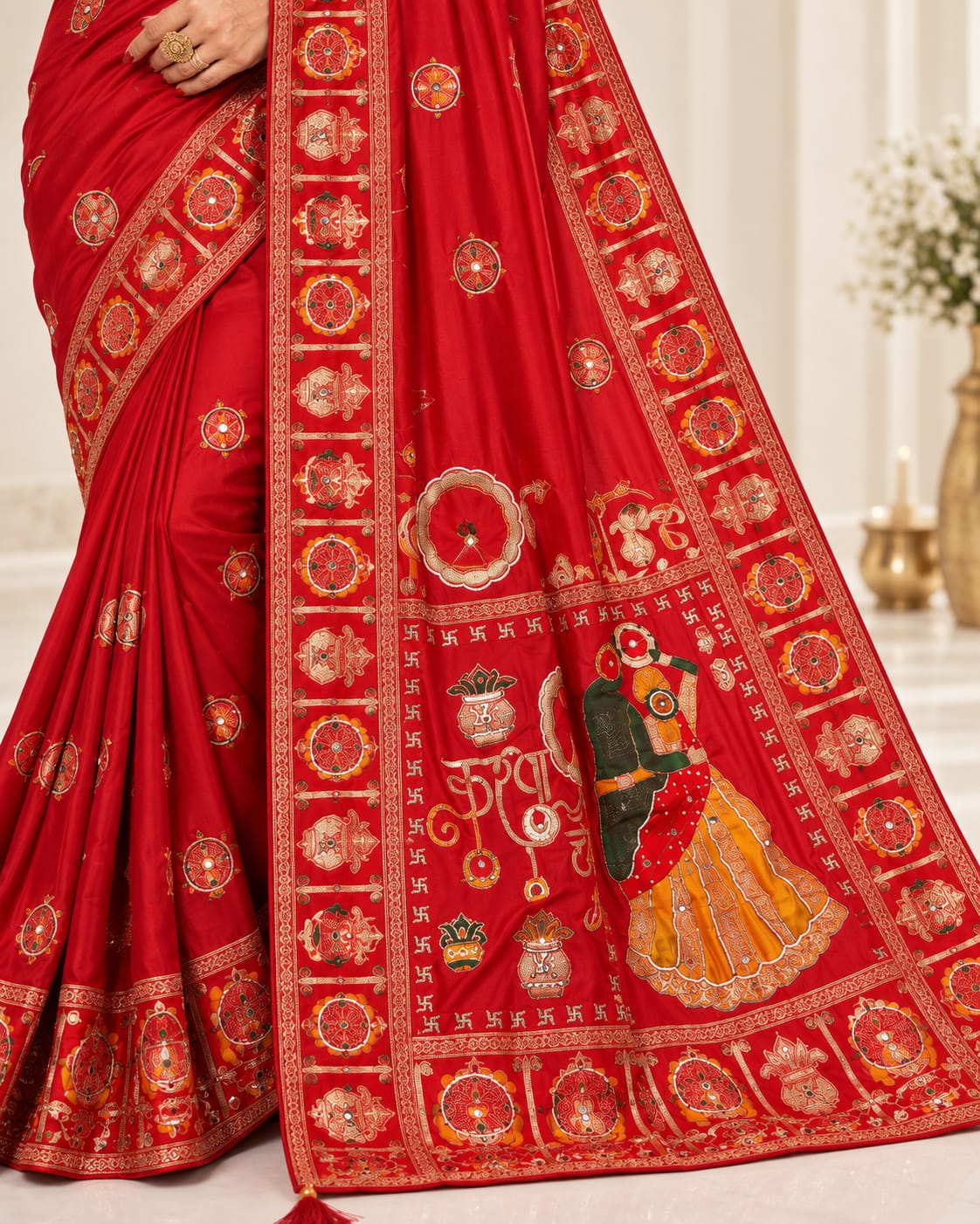 Red Karwa Chauth Special Saree | Unstitched Blouse - View 3