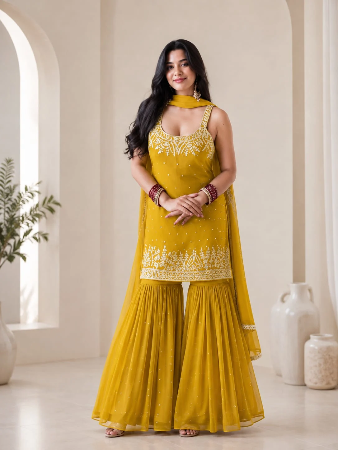 Faux Georgette Yellow Top Palazzo & Dupatta Set - View 4