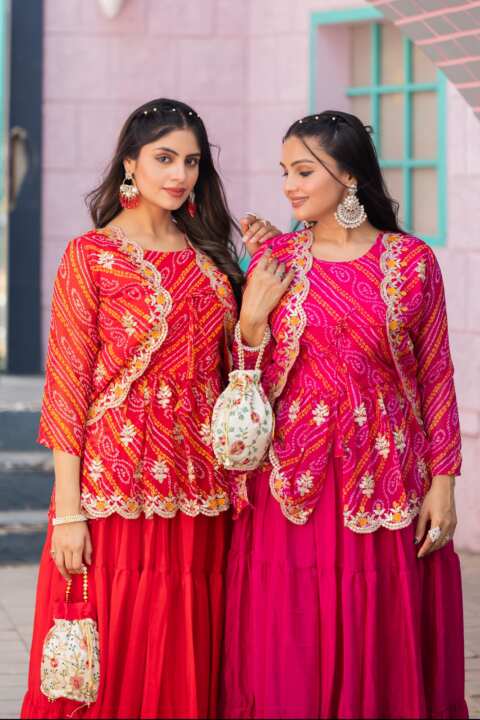 karwachauth  special Bandhej Lehenga crop top & jacket - View 6