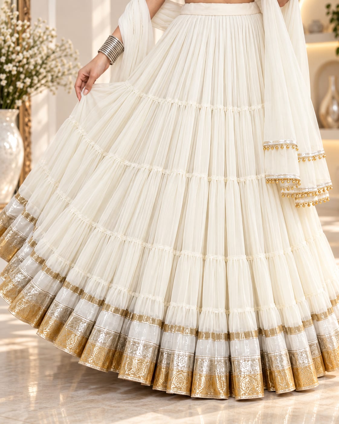 White Navratri Special Lehenga Choli with Bandhani Print Blouse - View 3