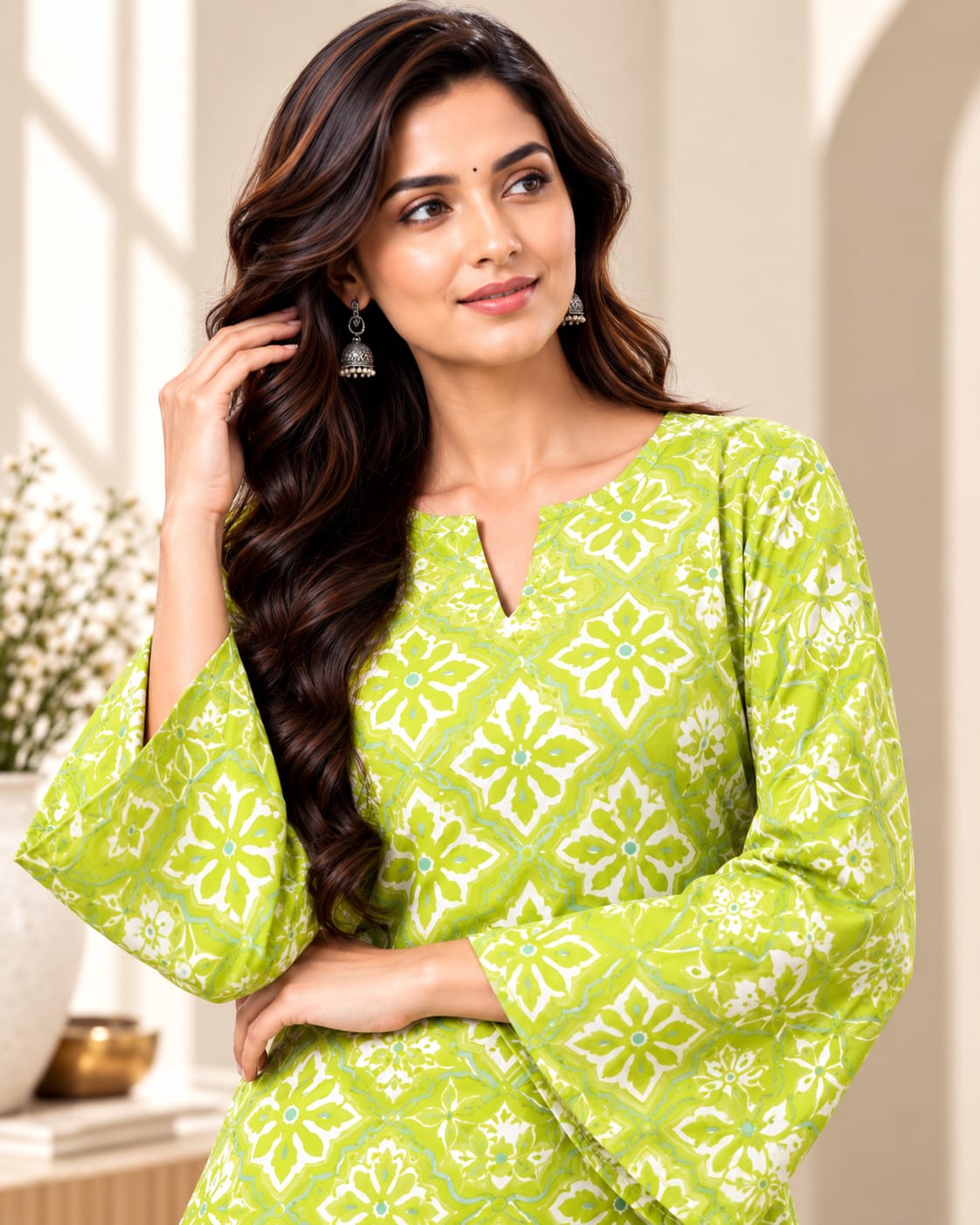 Green Cotton Leheriya Printed Stitched Farsi Salwar Suit Set - View 2
