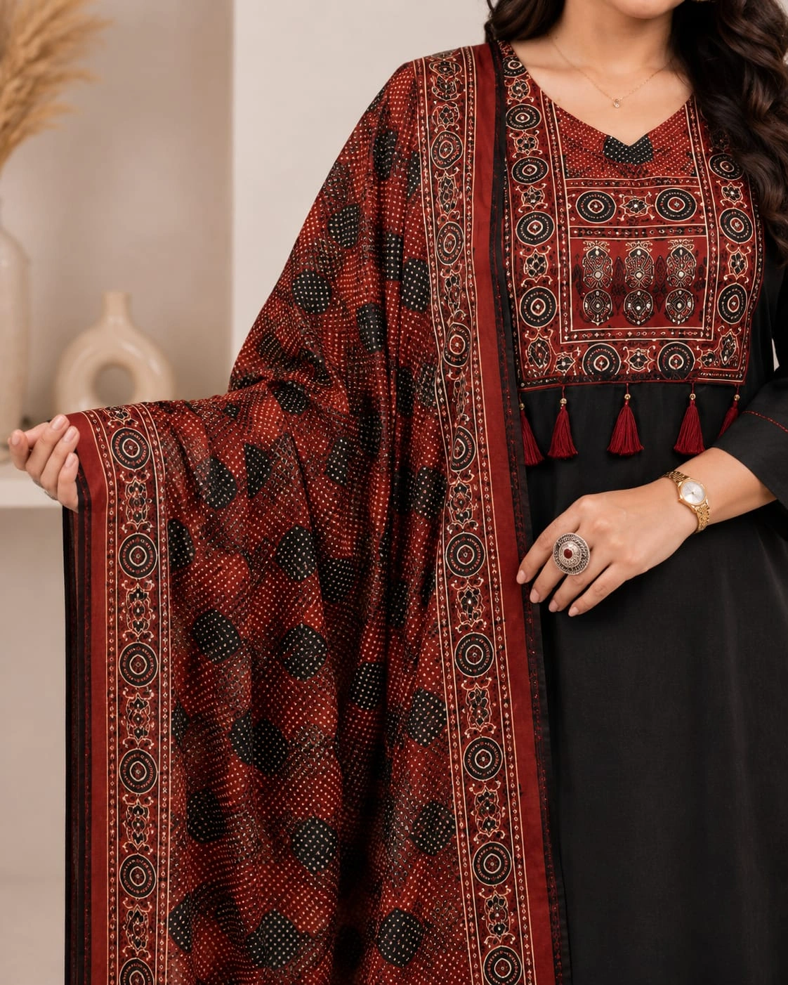Black Pure Cotton Kurti Set with Maroon Printed Dupatta - View 3