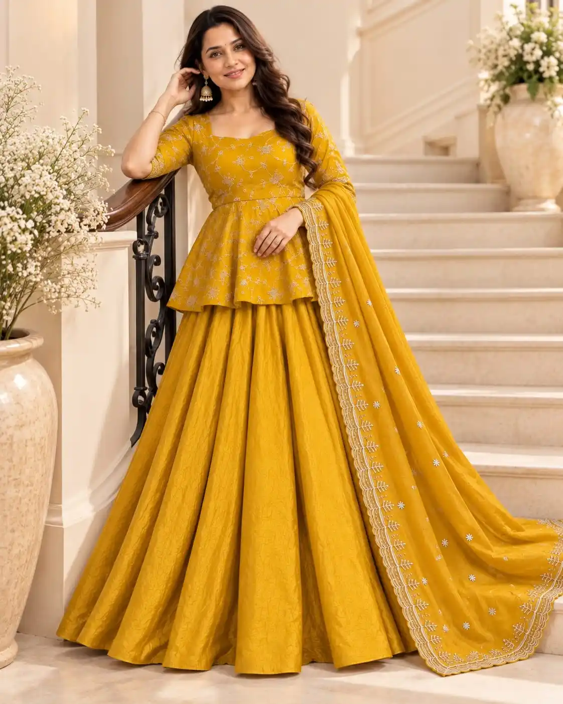 Mustard Yellow Peplum Lehenga Set with Dupatta