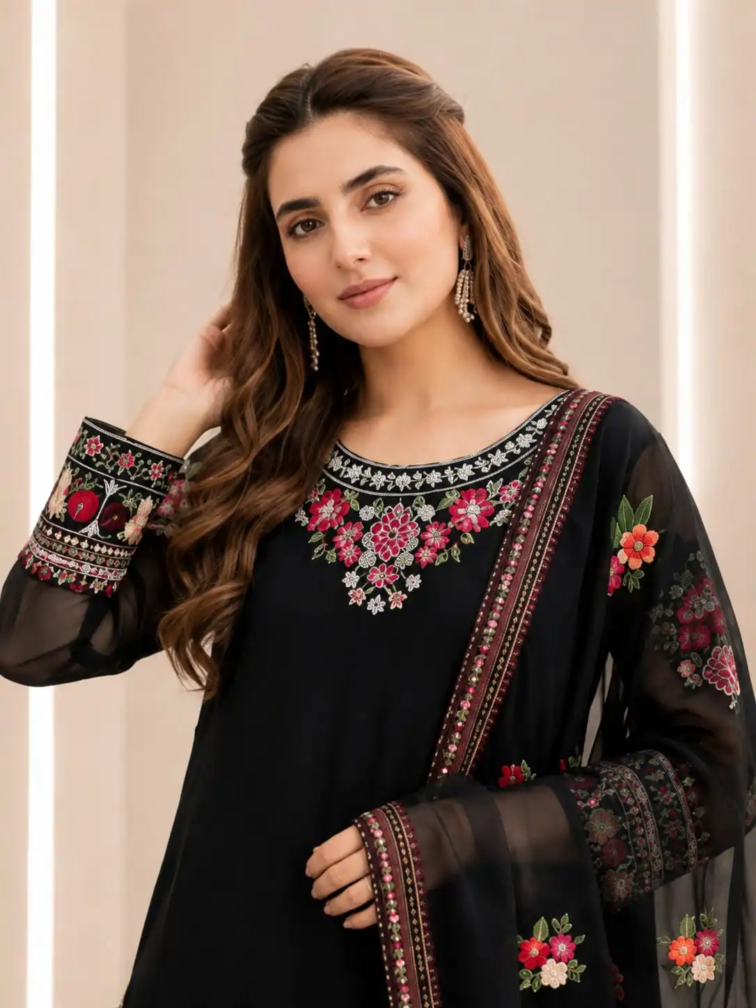 3-piece Designer Black Faux Georgette Suit Set - View 3