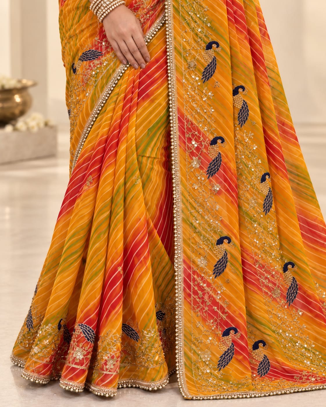 Mustard-Yellow Leheriya Georgette Saree with Peacock Motifs | No Blouse - View 3