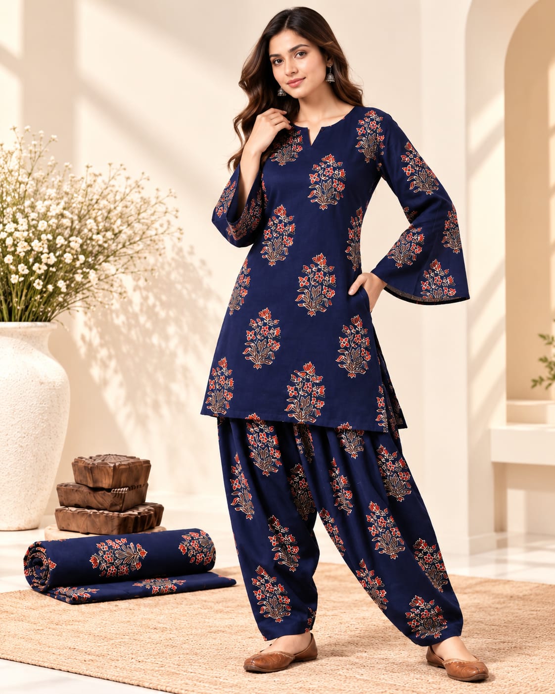 Royal Blue Floral Print Cotton Stitched Farsi Salwar Suit - View 2