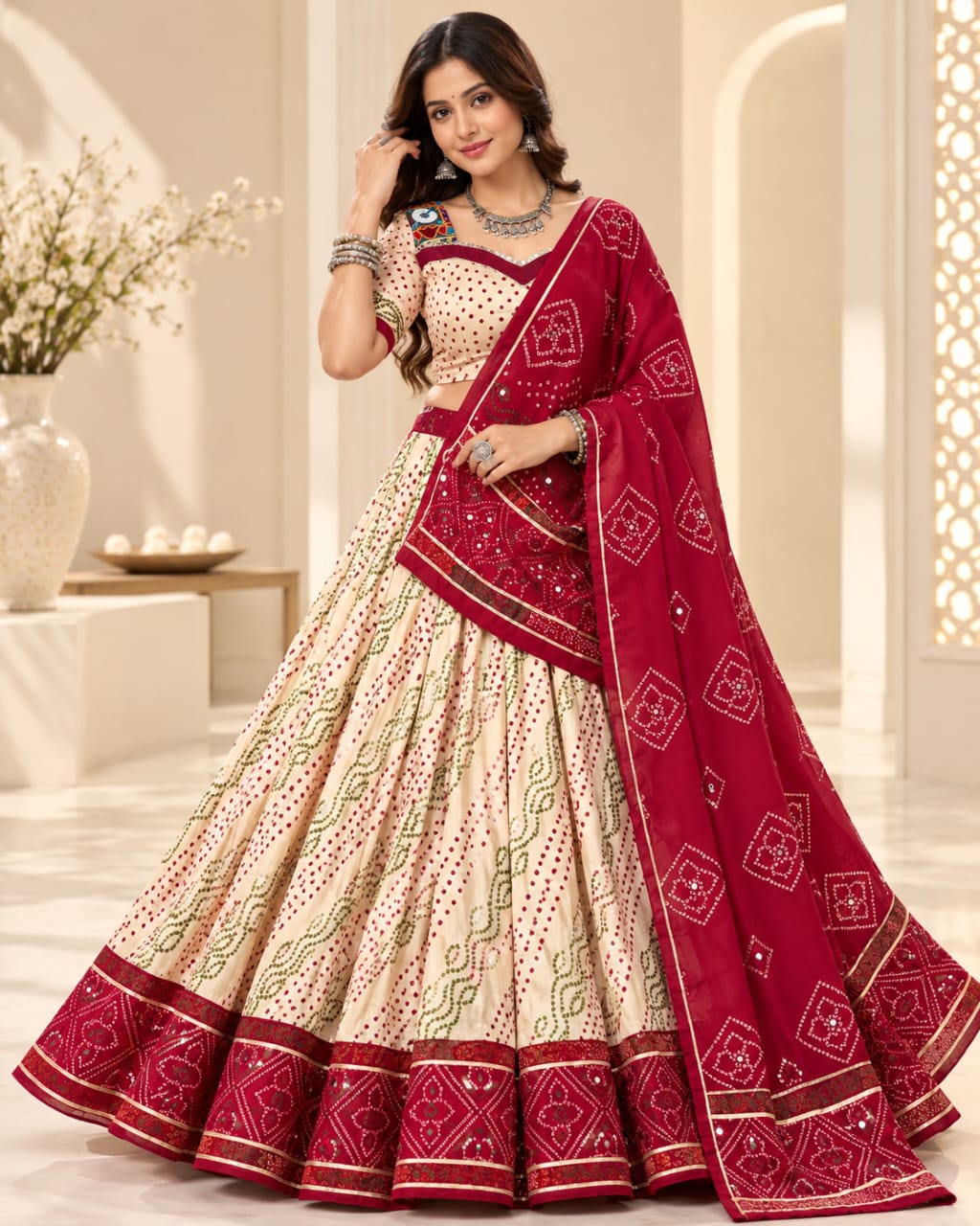 Navratri Lehenga Choli | Tasar Silk Bandhej Print With Gamthi Blouse
